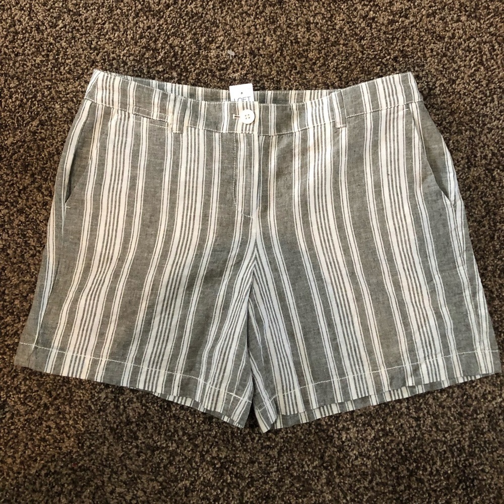 LOFT Gray and White Striped Linen-Blend Shorts
